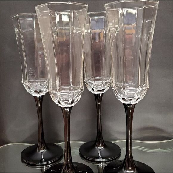 VTG France Luminarc Octime Black Stem Champagne Flutes Glasses Set of 4 - Picture 10 of 14